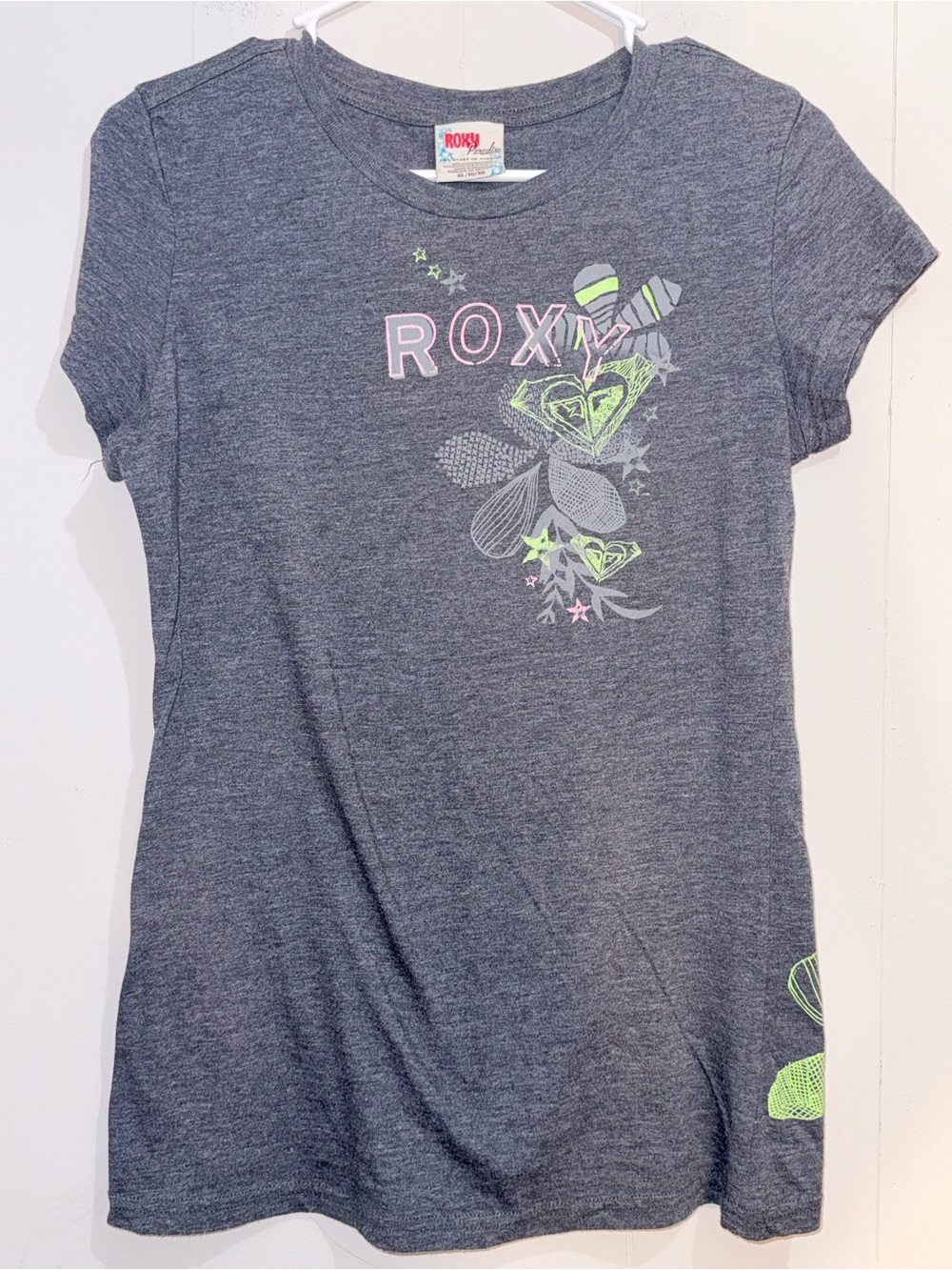 VTG Y2K Roxy Paradise Graphic Tee Dark Heather Grey Surf Baby Tee XL